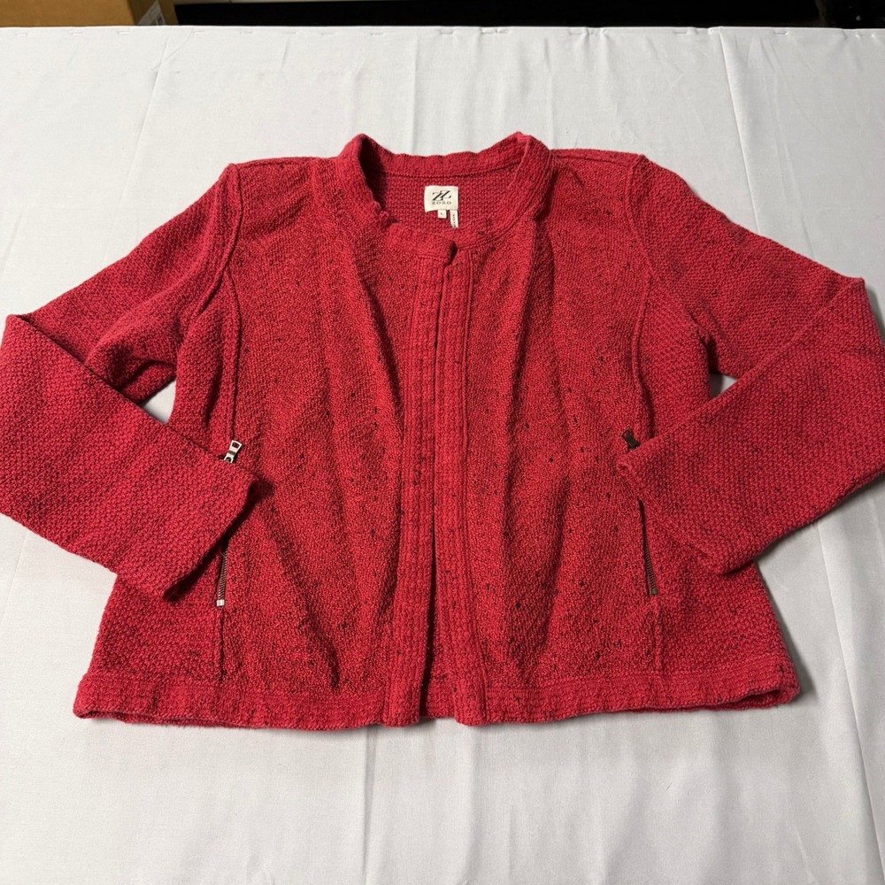 Zozo Women Red Marl Open Front Textured Knitβ Cardigan Jacket Zip Pockets Large